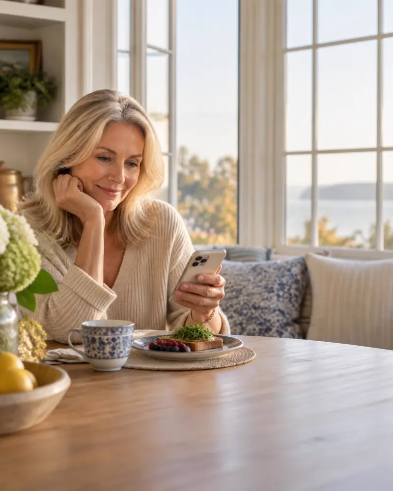 A woman in a bright breakfast nook looking at her phone beside a cup of tea and breakfast