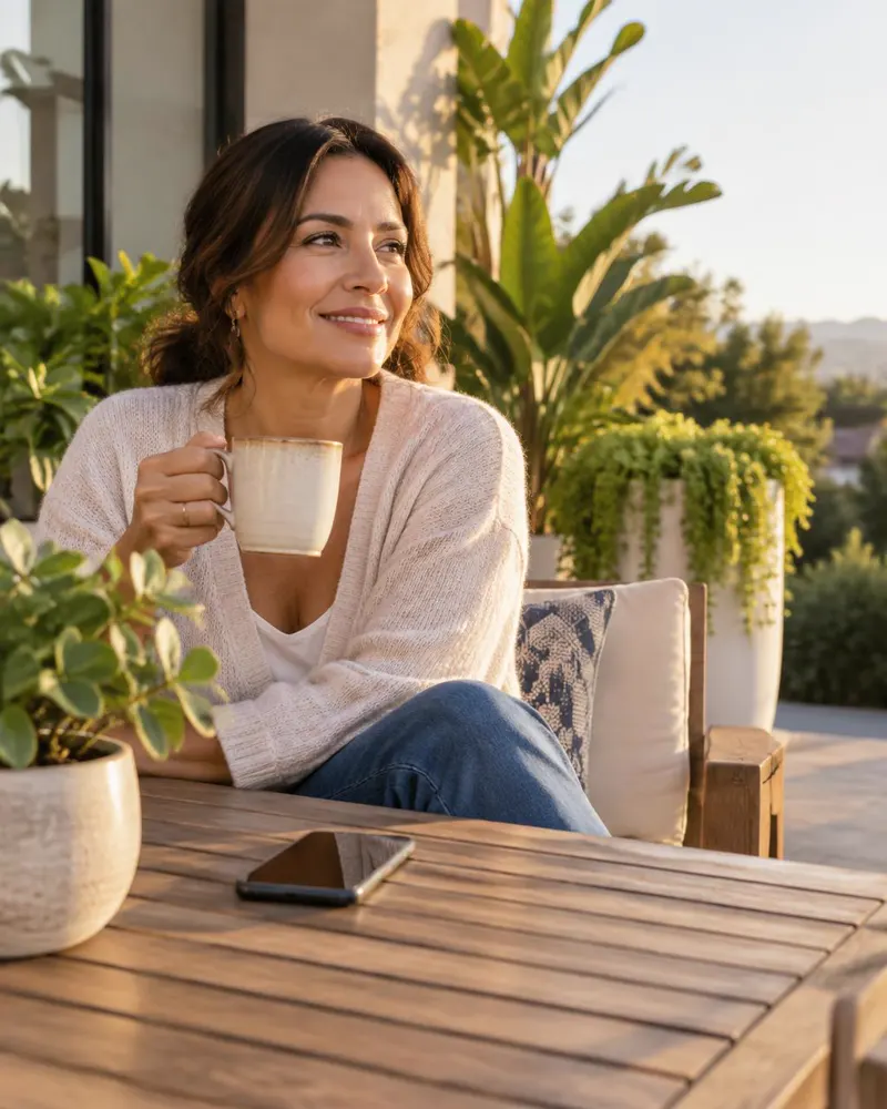 A woman enjoying a cup of coffee on a sunny patio surrounded by plants, her phone on the table